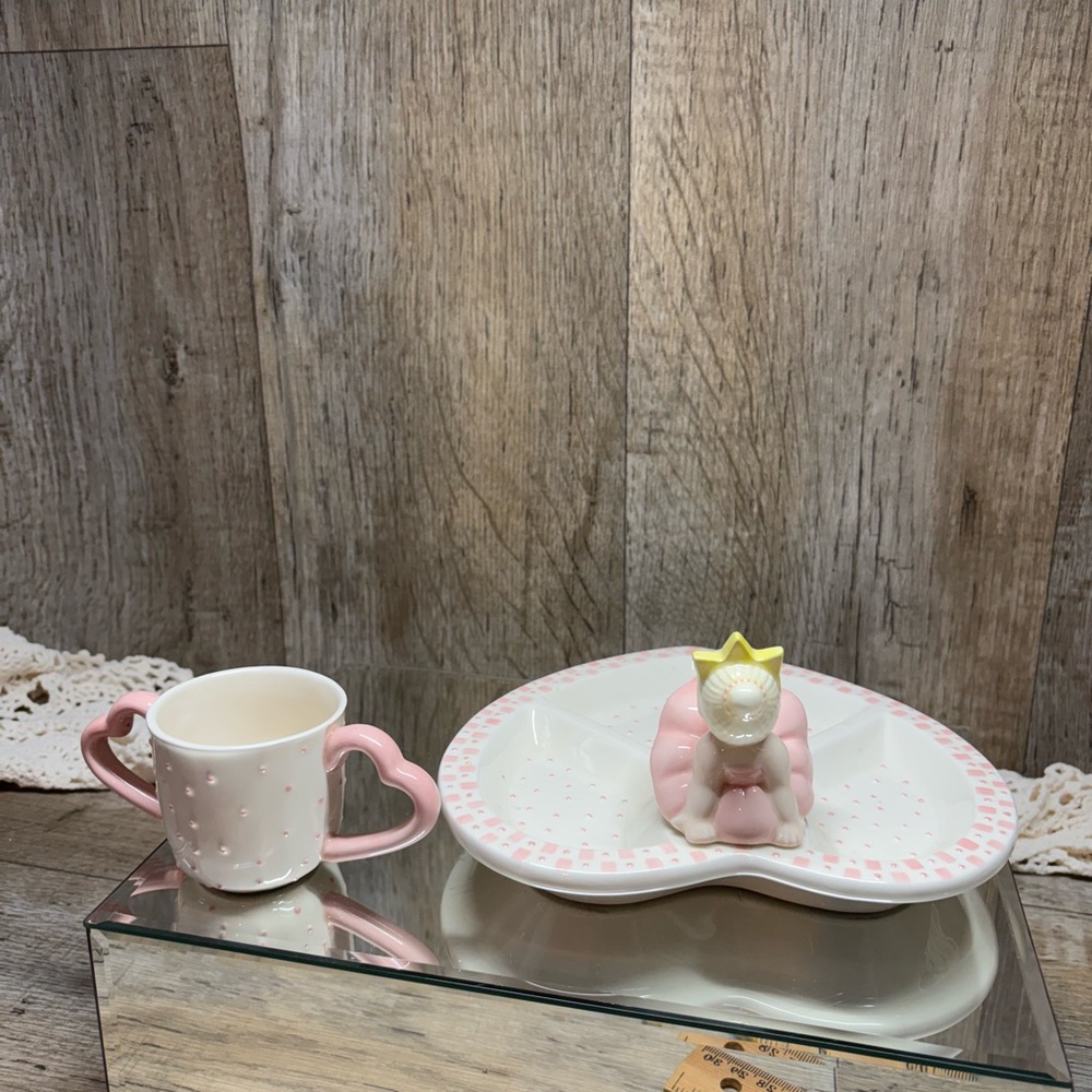 CUTE MUD PIE PRINCESS CROWN PINK & WHITE CHILDS DIVIDED CERAMIC PLATE AND CUP - Picture 10 of 11